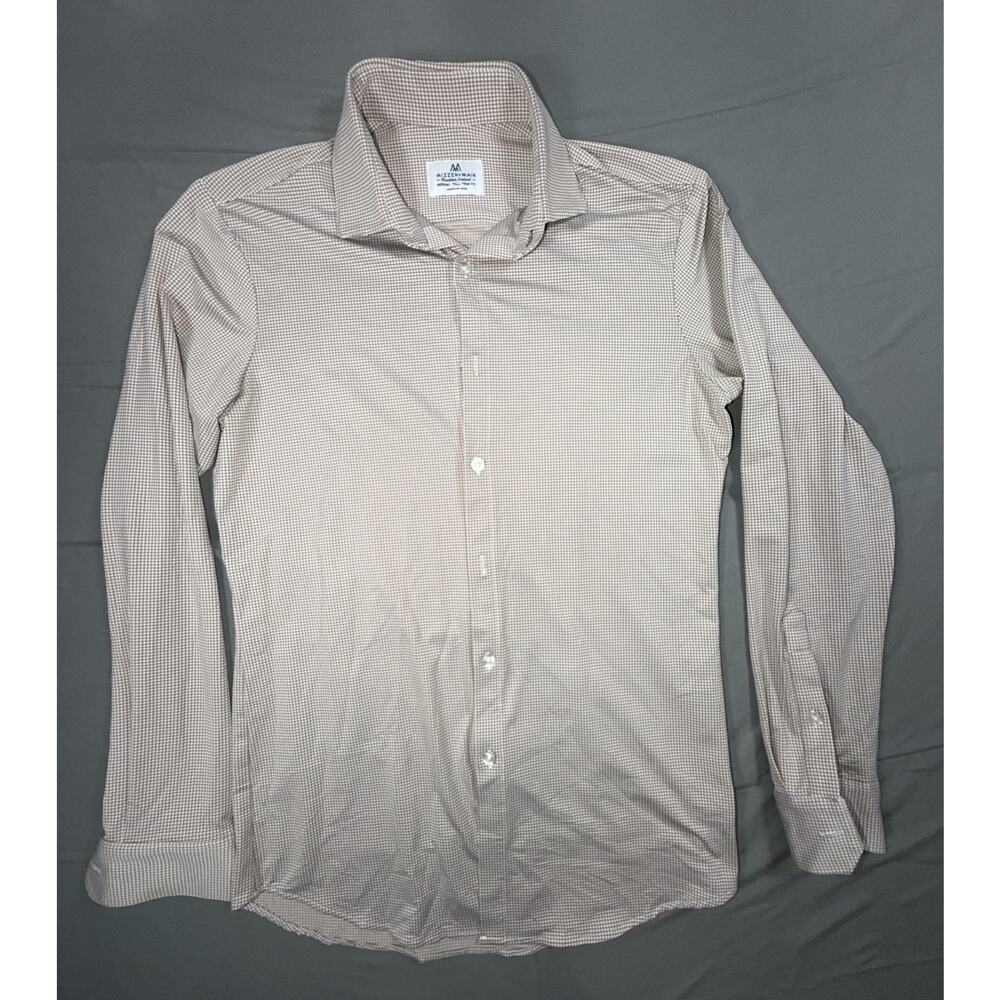 Mizzen+Main Dress Shirt Mens Medium Tall Beige Check Trim Fit Non Iron USA Made